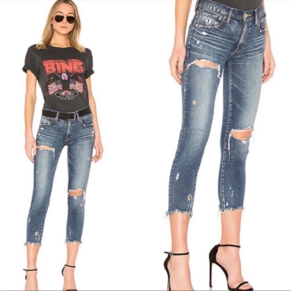 Moussy MV Tapered Ridgewood Distressed Blue Jeans Raw Hem Sz 26